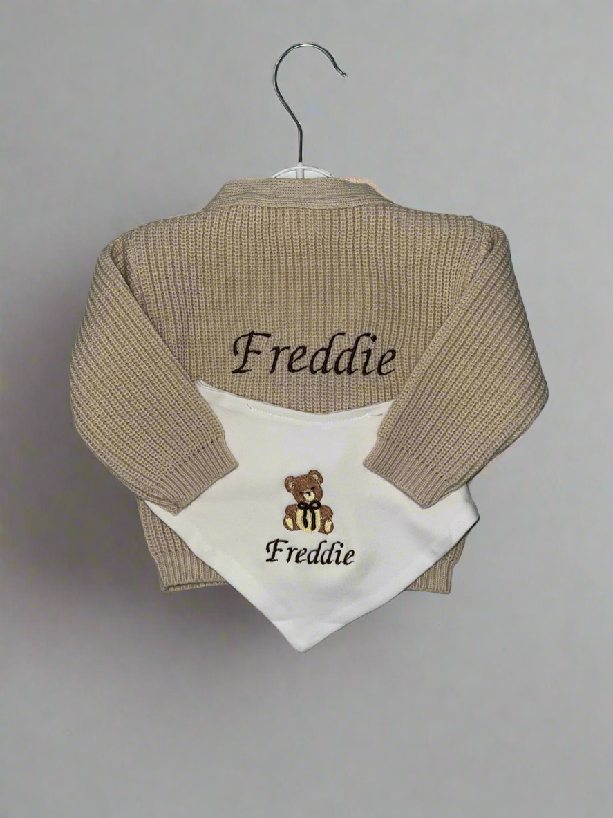 Personalised Cardigan and Teddy Bear Bib 🧸